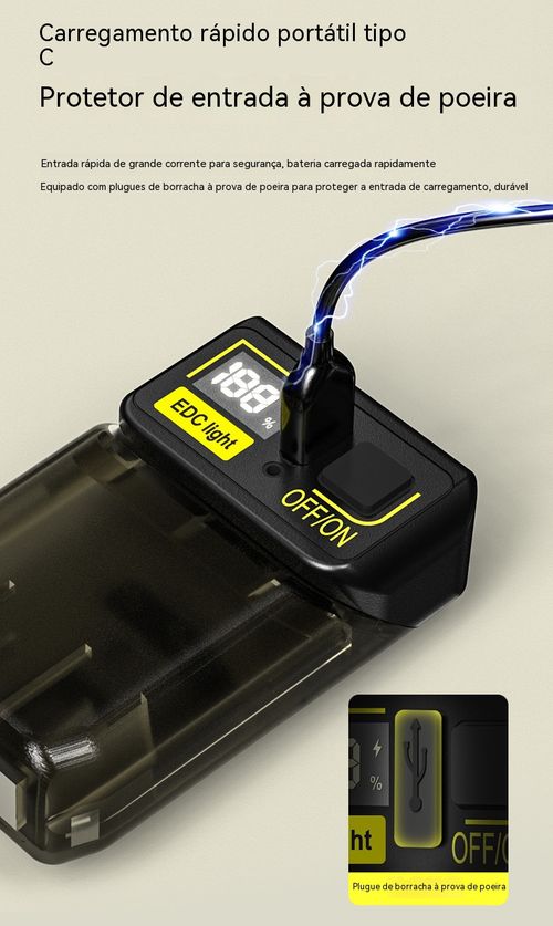 Mini lanterna tipo chaveiro com duas fontes de luz, carregamento Type-C, super brilhante, compacta e potente para uso exterior