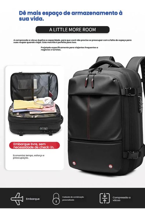 Mochila de Viagem com Vácuo, Mochila Masculina Empresarial Multifuncional para Notebook, Mochila de Compressão a Vácuo com Grande Capacidade, Material TPU