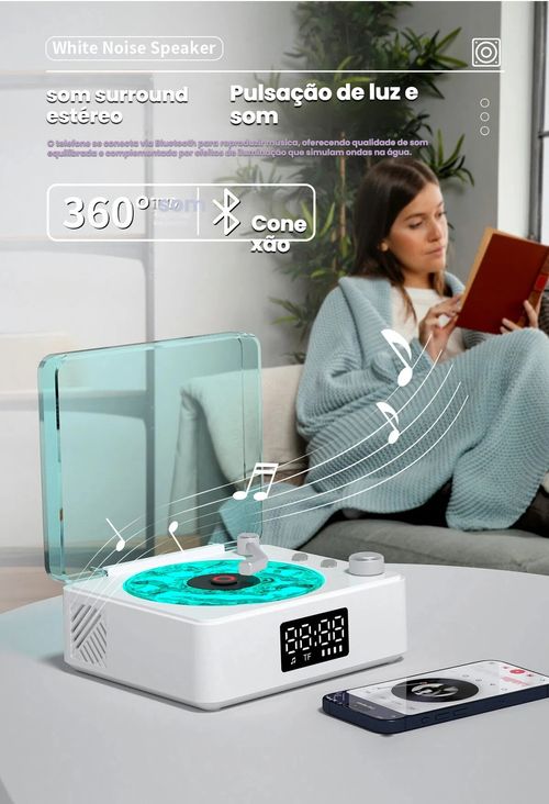 Relógio Sem Fio com Ruído Branco de Onda do Mar, Caixa de Som Bluetooth Retrô, Mini Alto-falante com Projeção, Presente com Ambiente Aconchegante