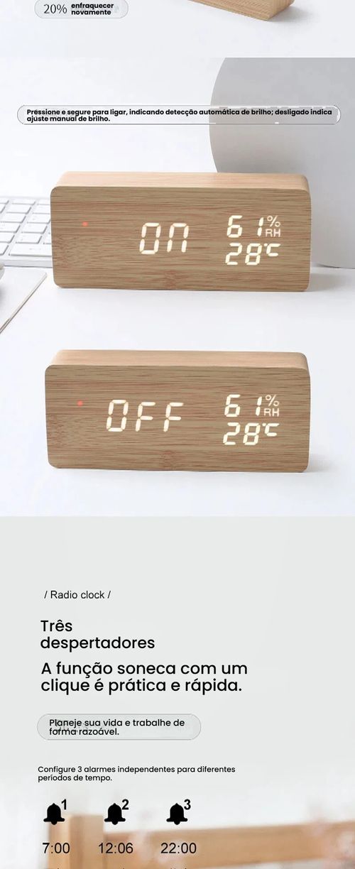 Relógio de Onda Radio Inteligente LED, Relógio de Onda Radio de Madeira, Despertador de Onda Radio Alemão, Relógio Eletrônico Digital, Relógio de Temperatura e Umidade