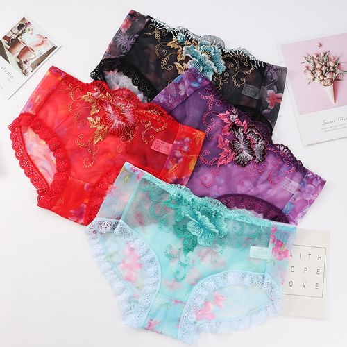 Conjunto de Calcinhas Triangulares Femininas Sensuais com Bordado, Transparentes e Apaixonantes de Renda, Cintura Baixa e Forro de Algodão Puro