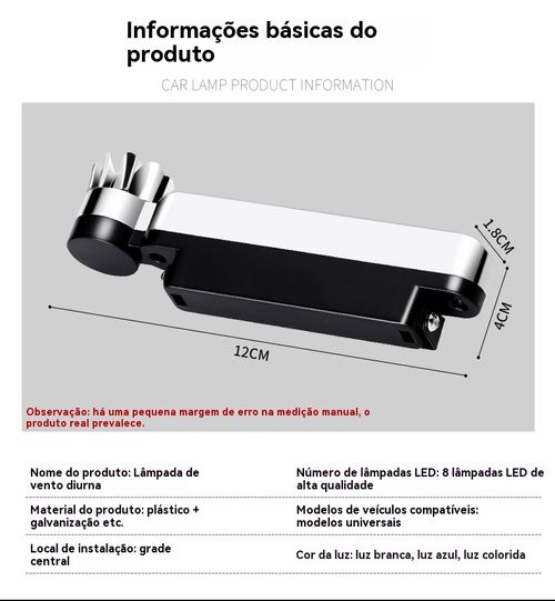 Luz Diurna de Grade para Veículo, Luz Diurna LED Eólica Universal, Luz de Ventilador, Luz Auxiliar da Frente do Veículo, Luz de Decoração Colorida Eólica