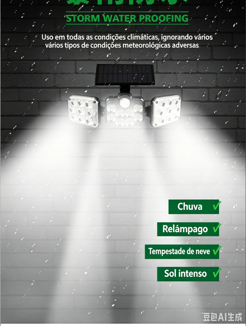 Luz de parede solar com detecção de corpo humano de três cabeças, luz de jardim para quintal exterior, luz de rua à prova d'água para uso externo