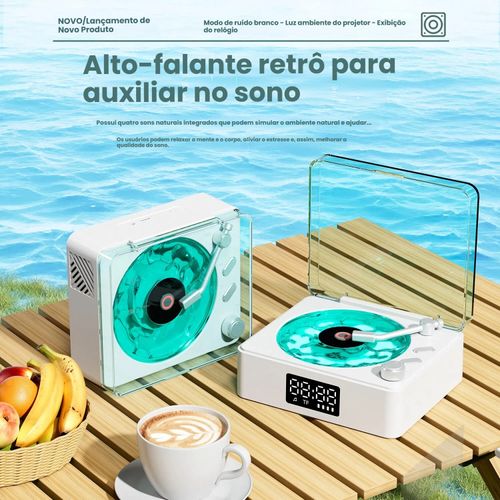 Relógio Sem Fio com Ruído Branco de Onda do Mar, Caixa de Som Bluetooth Retrô, Mini Alto-falante com Projeção, Presente com Ambiente Aconchegante
