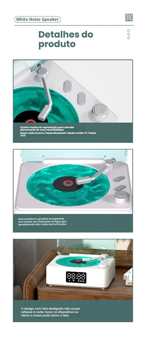 Relógio Sem Fio com Ruído Branco de Onda do Mar, Caixa de Som Bluetooth Retrô, Mini Alto-falante com Projeção, Presente com Ambiente Aconchegante