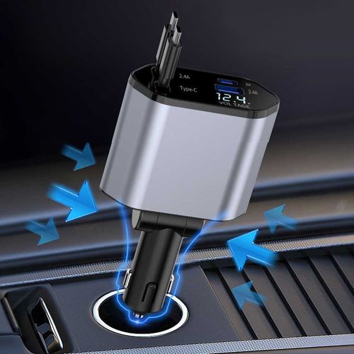 Fast Charger Car Phone Station Charger 4 in 1 LED Digital Display Retractable 2 Cables Type C portable car charger for IPhone 16