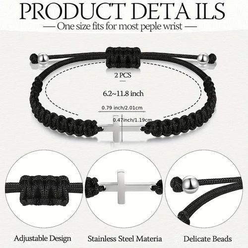 2pcs Stainless Steel Cross Bracelet for Boys Girls 2Black
