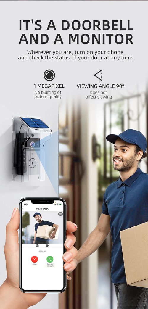 Solar powered wireless video doorbell camera with rain cover, long standby time, Bluetooth wireless connection can be controlled remotely.