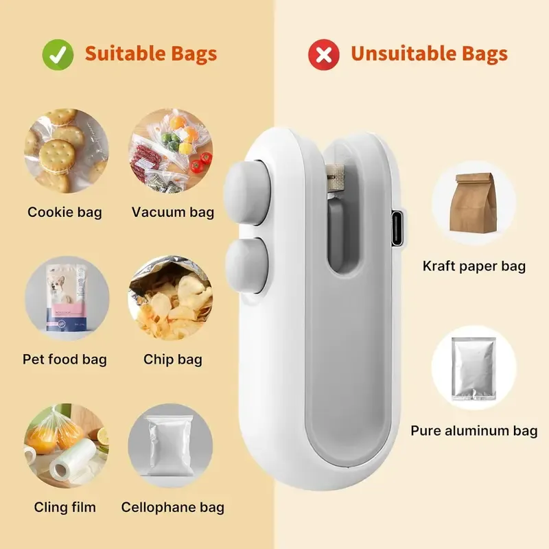 Rechargeable 2 in 1 Snacks Mini Bag Sealer with Cutter, Keep Food Fresh, White Plastic Bag Sealer, Ideal for Selling Bags