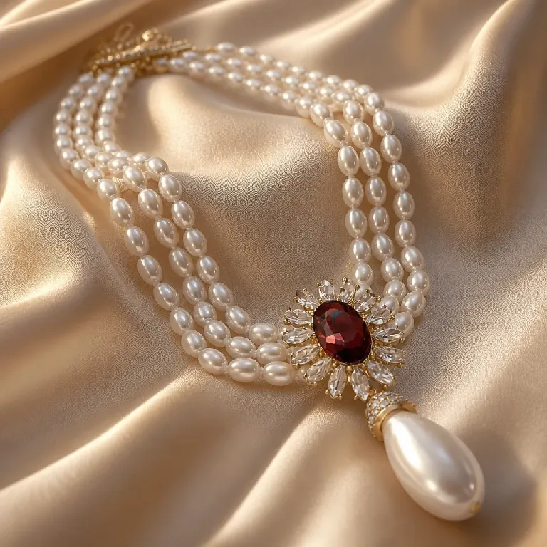 Triple‑Strand Ruby & Teardrop Pearl Statement Necklace