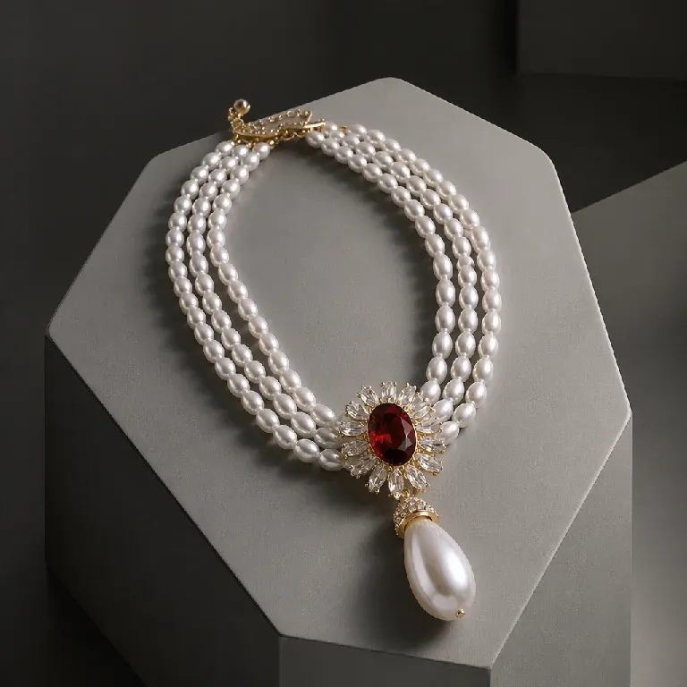 Triple‑Strand Ruby & Teardrop Pearl Statement Necklace
