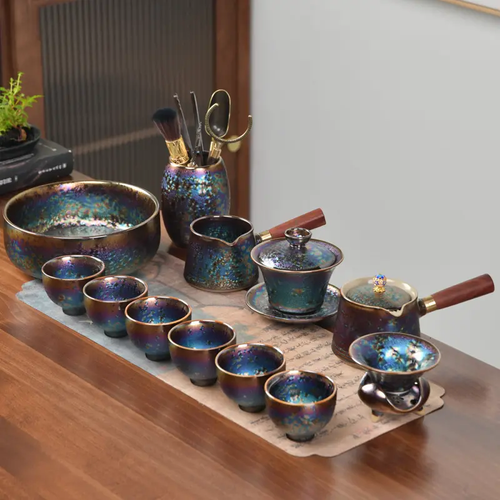 Limited Edition Kiln-Glazed Jianzhan Porcelain Kung Fu Tea Set - Gold-Gilded, Colorful, Includes Teapot, Gaiwan, Cups - Luxury Collectible Home Gift