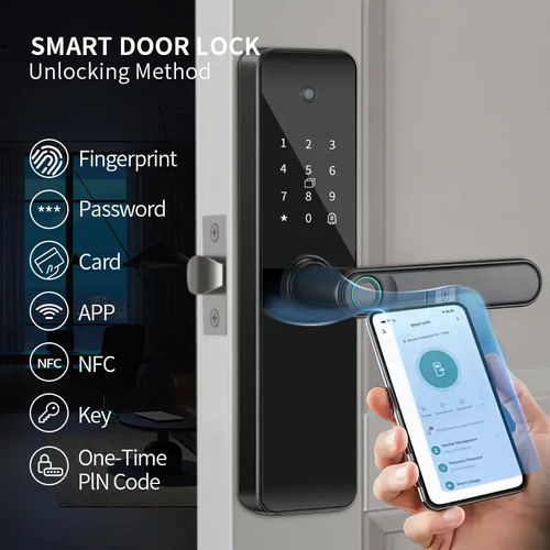 Keyless Entry Smart Fingerprint Door Lock with App, Remote Unlocking, Biometric Fingerprint, with Numeric Keypad, IC Card, Virtual Password, with Wide Angle Camera, Suitable for Office, Hotel, Home Easy Installation