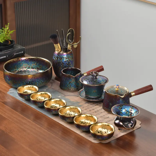 Limited Edition Kiln-Glazed Jianzhan Porcelain Kung Fu Tea Set - Gold-Gilded, Colorful, Includes Teapot, Gaiwan, Cups - Luxury Collectible Home Gift