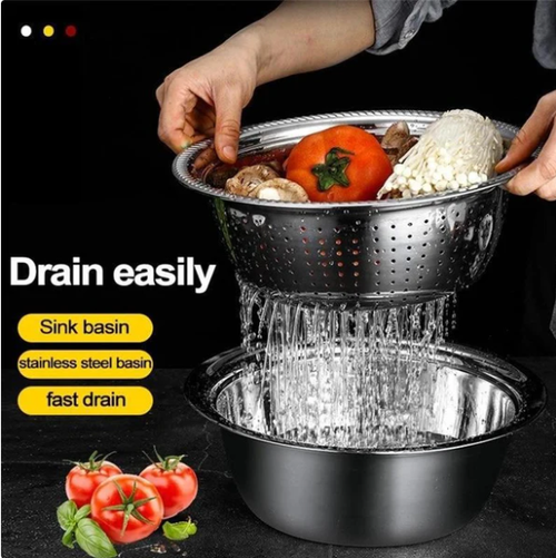 3-piece stainless steel metal kitchen tool set, including a food chopper, vegetable slicer, dicer, grater, and fruit and vegetable draining bowl set.