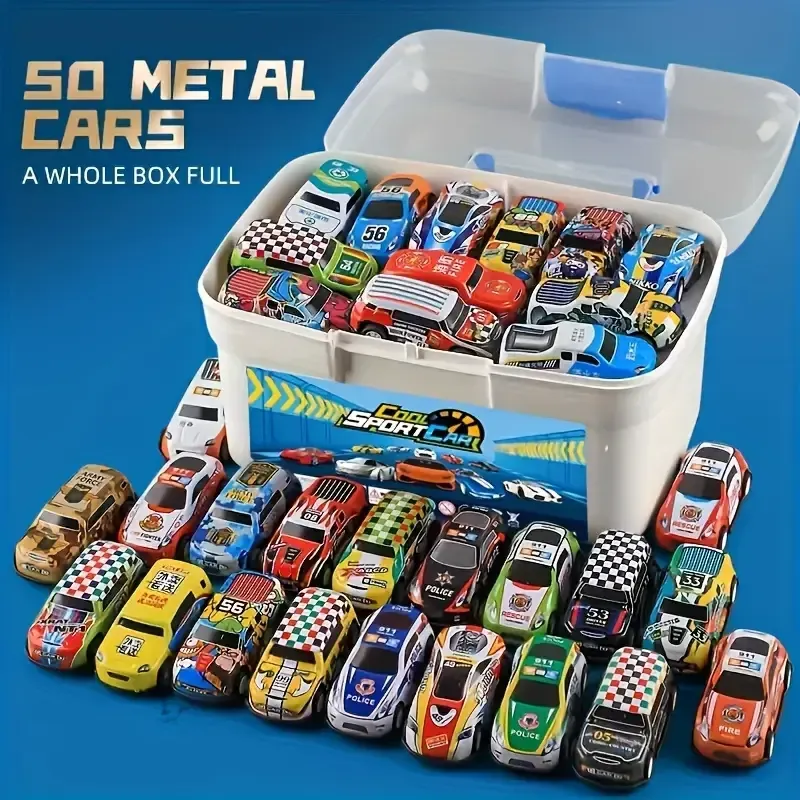 50-Piece Diecast Toy Car Set with Storage Case and Foldable Play Mat