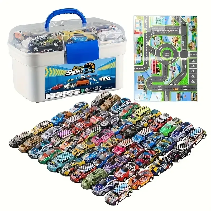 50-Piece Diecast Toy Car Set with Storage Case and Foldable Play Mat