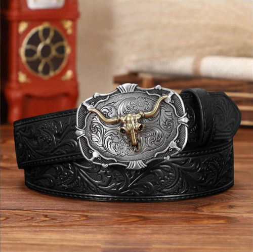 Retro leather belt for men with embossed bull head