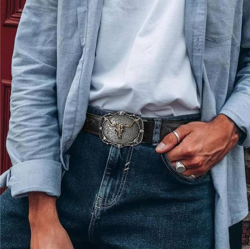 Retro leather belt for men with embossed bull head