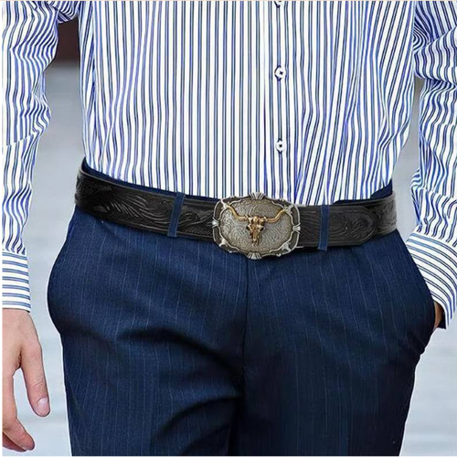 Retro leather belt for men with embossed bull head