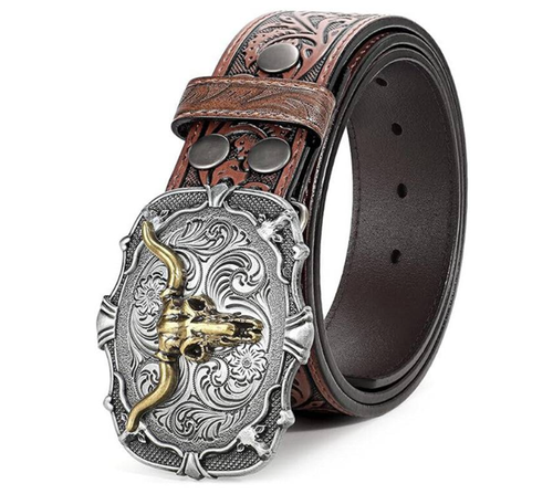 Retro leather belt for men with embossed bull head