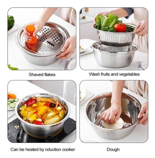3-piece stainless steel metal kitchen tool set, including a food chopper, vegetable slicer, dicer, grater, and fruit and vegetable draining bowl set.