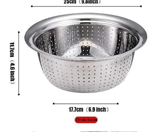 3-piece stainless steel metal kitchen tool set, including a food chopper, vegetable slicer, dicer, grater, and fruit and vegetable draining bowl set.