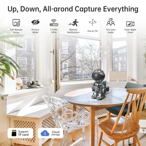 WiFi Camera with Motion Detection and Two-Way Audio for Home Security - Wireless, Automatic Cable Monitoring Phone