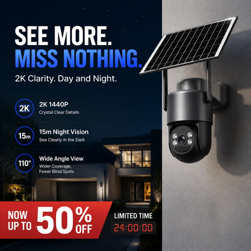 Solar-Power Wireless Security Camera Set with Alarm