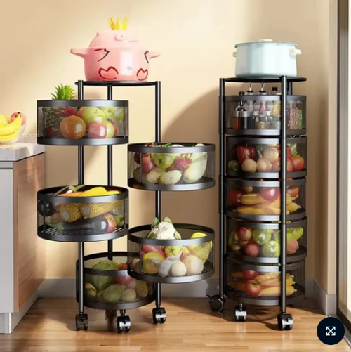 🌟🌟Hot Selling: Metal Multi-functional Mobile Cart, 360-degree Rotating Kitchen Spice Rack, Vegetable and Fruit Storage Rack