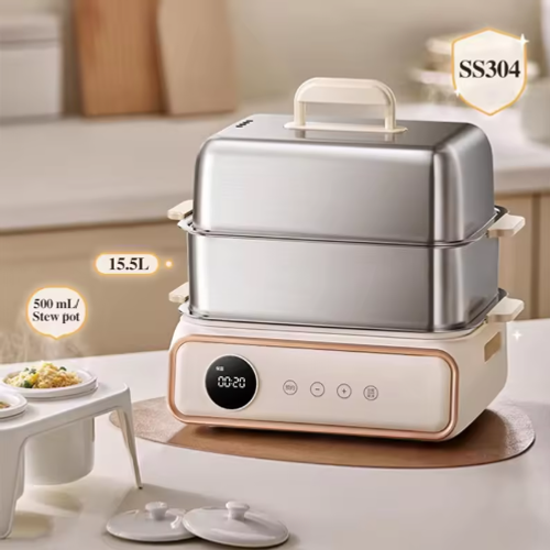 New Item Household Large Capacity 2 Layers 1200W Stainless Steel 15.5L Electric Food Steamer With Stew Pot