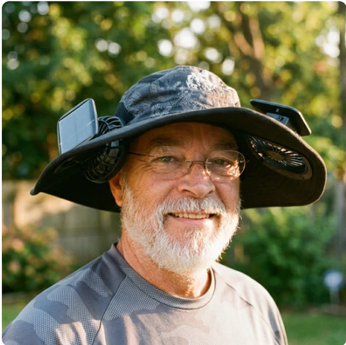 Solar-powered fan hat. UV-protective sun hat.