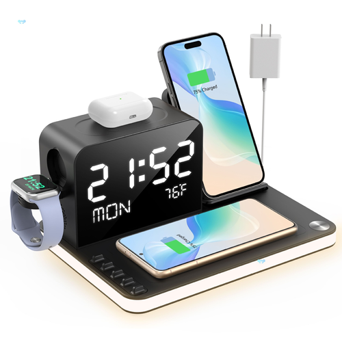7-in-1 Wireless Charging Station with Clock & Night Light