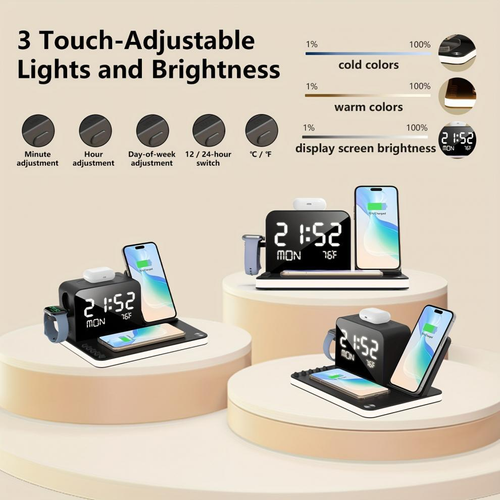 7-in-1 Wireless Charging Station with Clock & Night Light