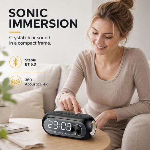 Multi‑Functional Portable Bluetooth Wireless Speaker‑ S8 Mirror Digital Alarm Clock Speaker, 360° Surround Sound Bedside Speaker with Dual Alarm & HD Mirror Display