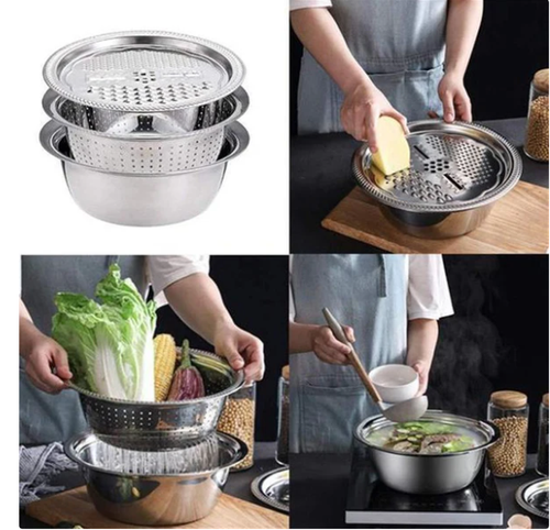 3-piece stainless steel metal kitchen tool set, including a food chopper, vegetable slicer, dicer, grater, and fruit and vegetable draining bowl set.