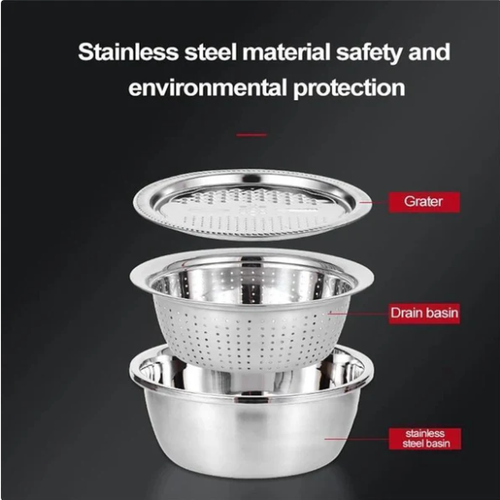 3-piece stainless steel metal kitchen tool set, including a food chopper, vegetable slicer, dicer, grater, and fruit and vegetable draining bowl set.