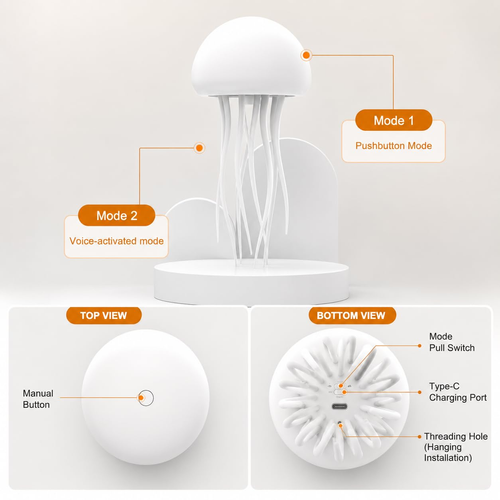 Floating jellyfish lamp– Rechargeable, Cordless & 16-Color Changing Night Light with Touch and Motion Sensor