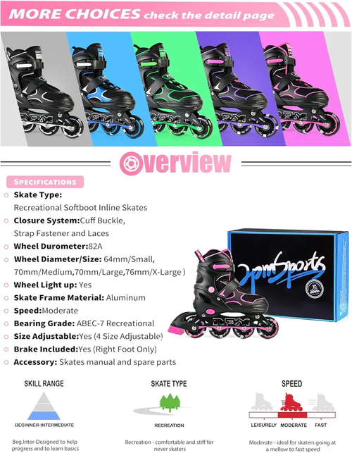 2PM SPORTS Torinx Green Boys Adjustable Inline Skates, Fun Beginner Roller Skates for Kids, Youth, Girls, Men and Women