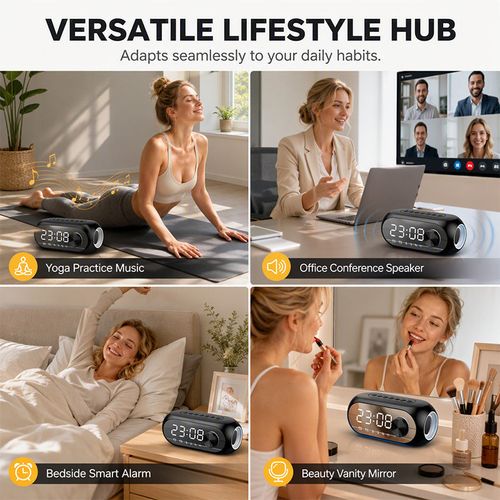 Multi‑Functional Portable Bluetooth Wireless Speaker‑ S8 Mirror Digital Alarm Clock Speaker, 360° Surround Sound Bedside Speaker with Dual Alarm & HD Mirror Display