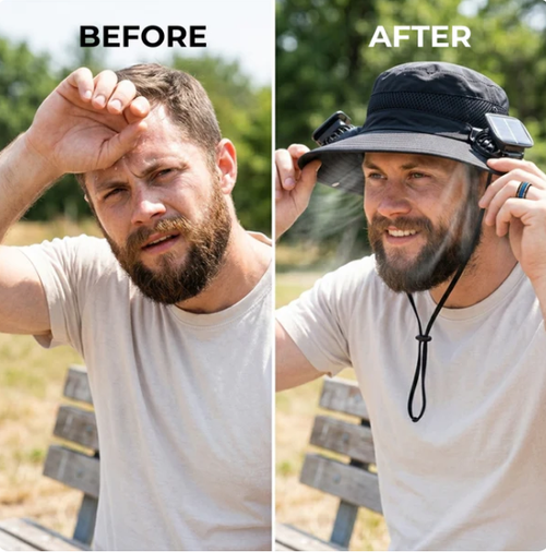 Solar-powered fan hat. UV-protective sun hat.