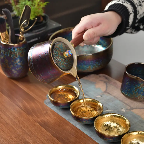 Limited Edition Kiln-Glazed Jianzhan Porcelain Kung Fu Tea Set - Gold-Gilded, Colorful, Includes Teapot, Gaiwan, Cups - Luxury Collectible Home Gift