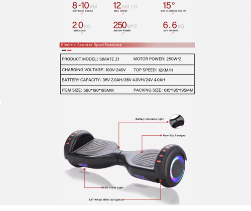 🔥🔥 24V 2.0AH Electric Hoverboard with Fast Self-Balancing Two-Wheel Scooter Motor 150-250w Bluetooth Smart Hover Board