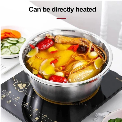 3-piece stainless steel metal kitchen tool set, including a food chopper, vegetable slicer, dicer, grater, and fruit and vegetable draining bowl set.