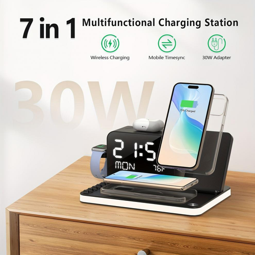 7-in-1 Wireless Charging Station with Clock & Night Light