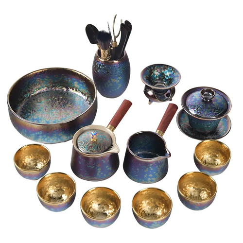 Limited Edition Kiln-Glazed Jianzhan Porcelain Kung Fu Tea Set - Gold-Gilded, Colorful, Includes Teapot, Gaiwan, Cups - Luxury Collectible Home Gift
