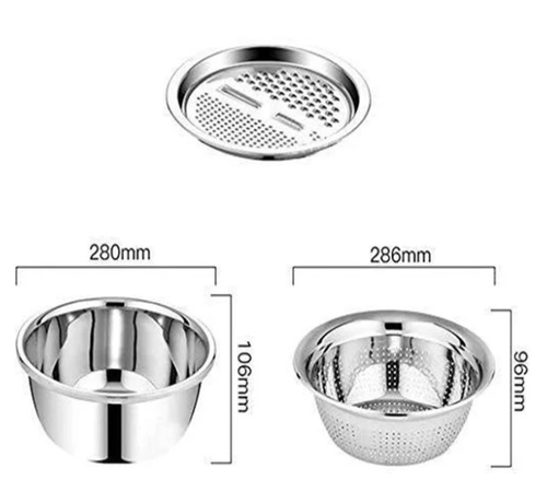 3-piece stainless steel metal kitchen tool set, including a food chopper, vegetable slicer, dicer, grater, and fruit and vegetable draining bowl set.