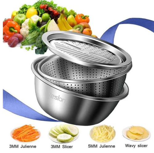 3-piece stainless steel metal kitchen tool set, including a food chopper, vegetable slicer, dicer, grater, and fruit and vegetable draining bowl set.