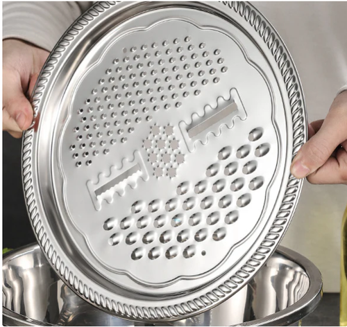 3-piece stainless steel metal kitchen tool set, including a food chopper, vegetable slicer, dicer, grater, and fruit and vegetable draining bowl set.