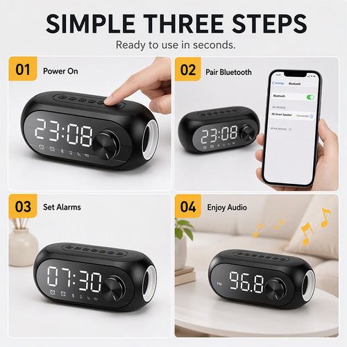 Multi‑Functional Portable Bluetooth Wireless Speaker‑ S8 Mirror Digital Alarm Clock Speaker, 360° Surround Sound Bedside Speaker with Dual Alarm & HD Mirror Display
